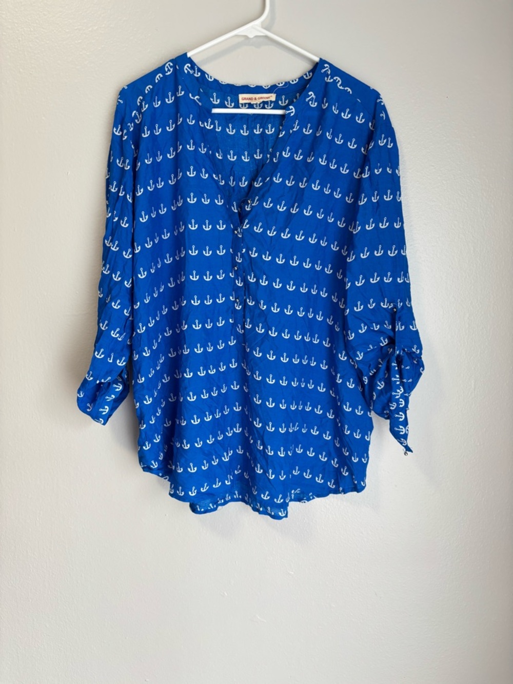 grand & greene Royal Blue Anchor Print Henley Blouse